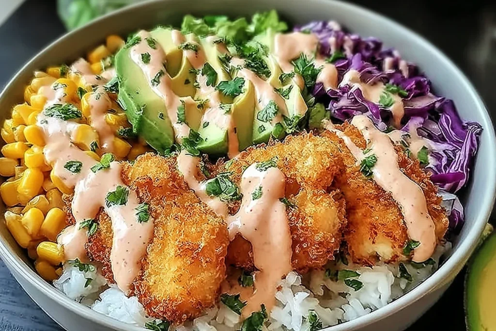 Crispy Fish Taco Bowls with crunchy panko-breaded fish, fluffy rice, sweet corn, purple cabbage slaw, avocado, and creamy chipotle lime drizzle.