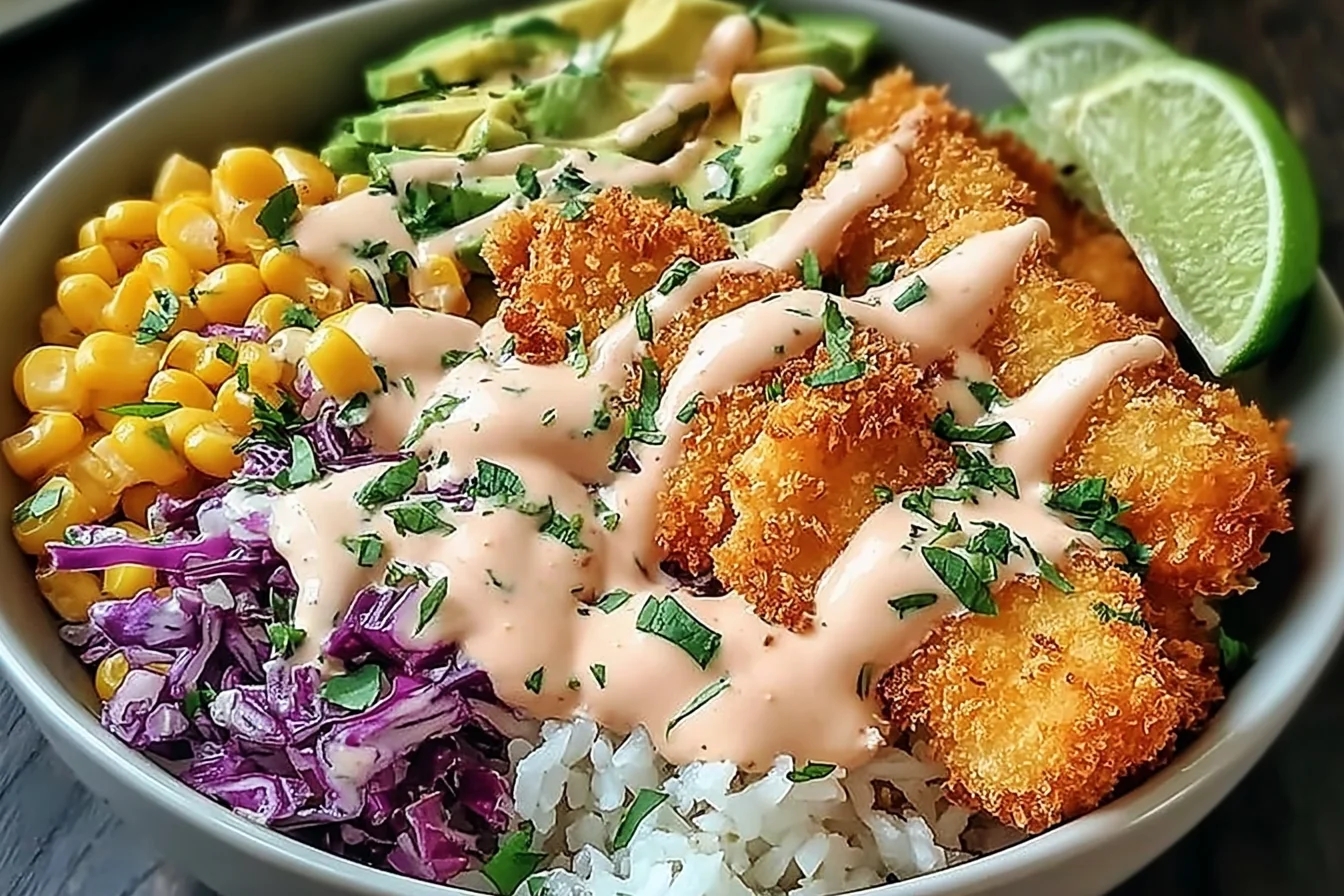 Crispy Fish Taco Bowls with golden panko-crusted fish, zesty purple cabbage slaw, sweet corn, avocado slices, and creamy chipotle lime sauce over rice.
