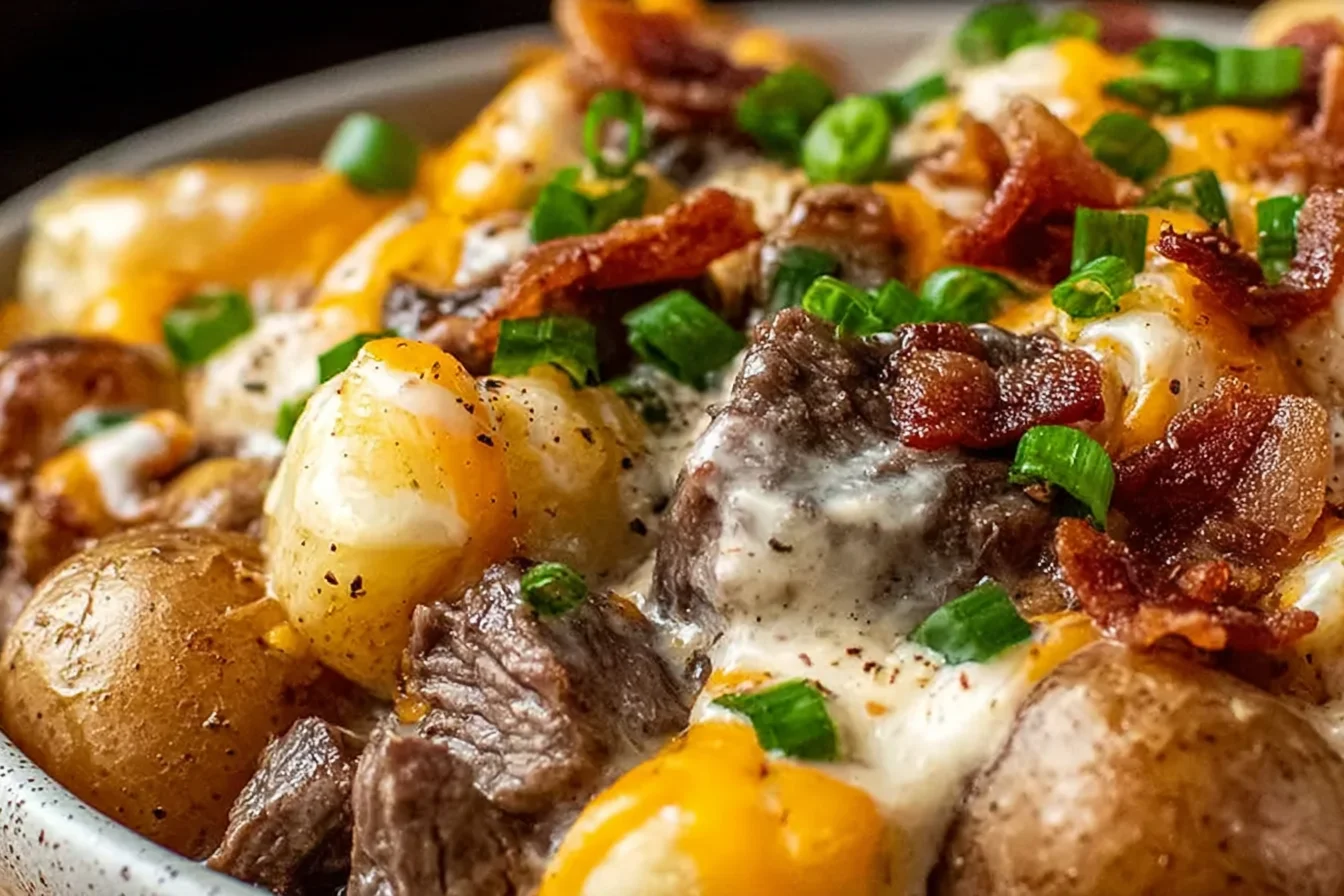 Crockpot Loaded Steak and Potato Bake topped with melted cheddar, crispy bacon, and green onions in a creamy sauce.