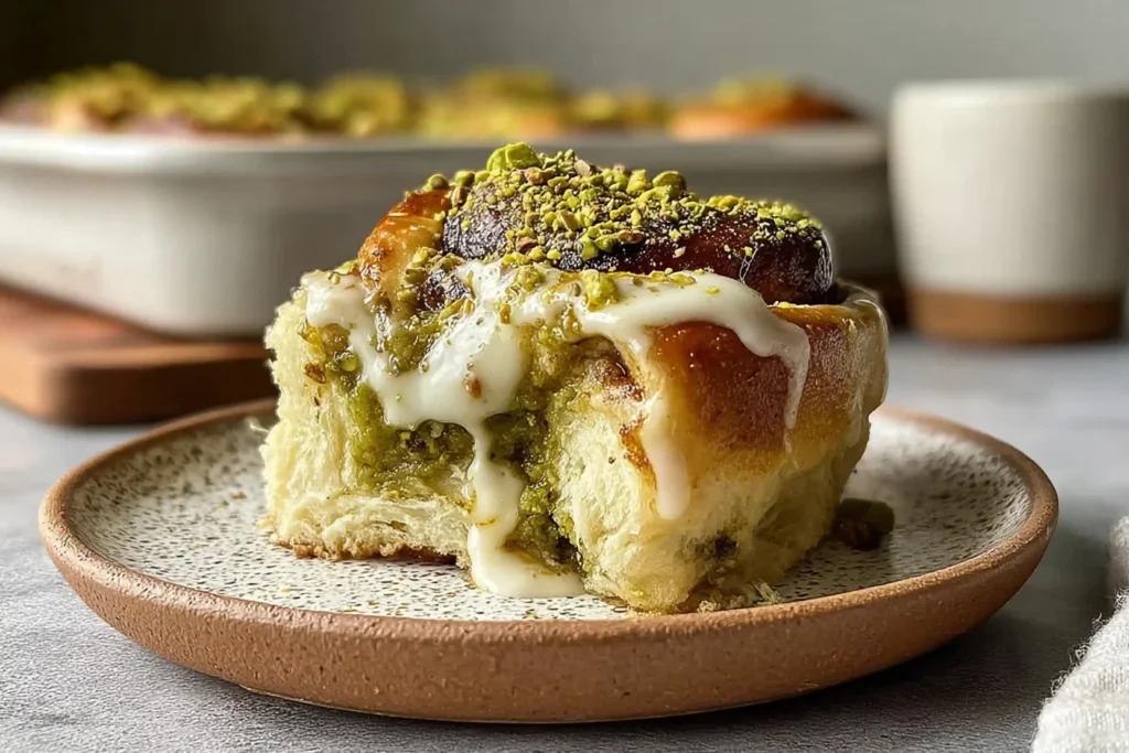 Close-up of Small Batch Pistachio Cream Cinnamon Rolls with gooey pistachio filling, cream cheese icing dripping over the sides, and crushed pistachios on top.