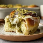 Close-up of Small Batch Pistachio Cream Cinnamon Rolls with gooey pistachio filling, cream cheese icing dripping over the sides, and crushed pistachios on top.