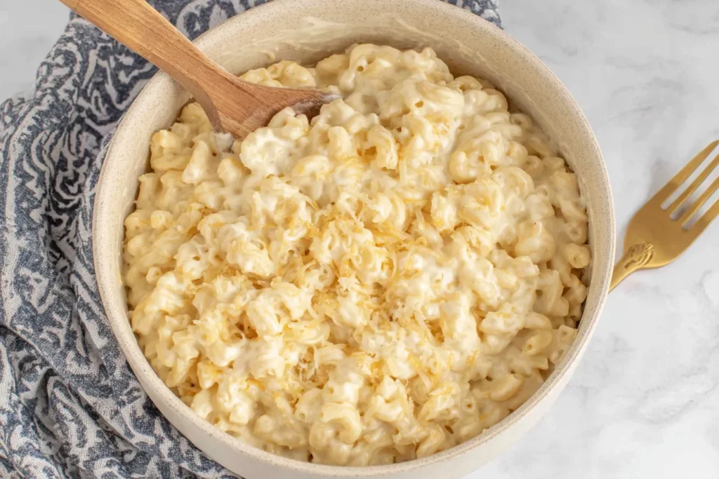 Close-up of Greek Yogurt Mac and Cheese with creamy cheese sauce and elbow pasta