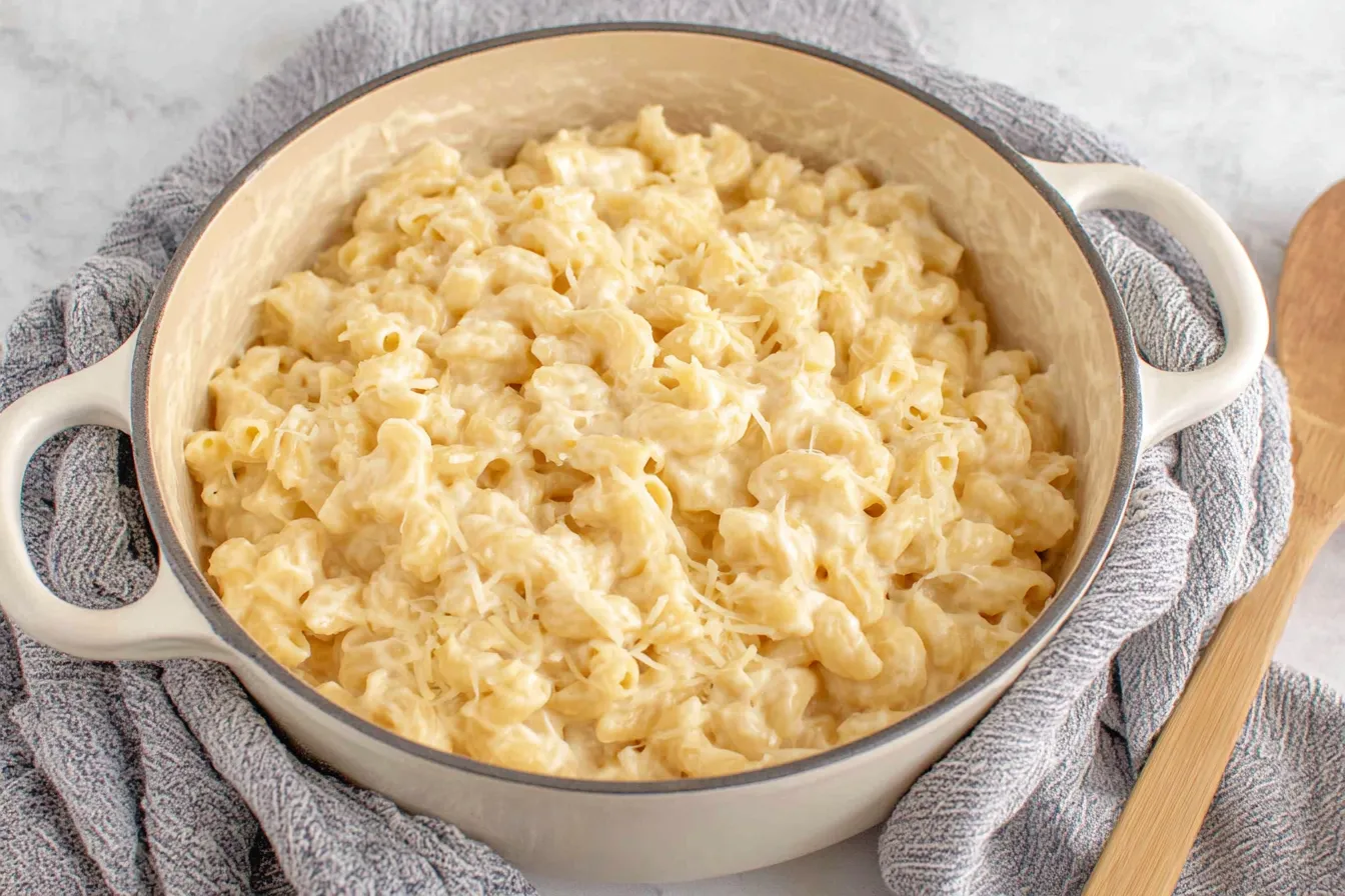 Homemade Greek Yogurt Mac and Cheese in a ceramic pot with melted cheddar