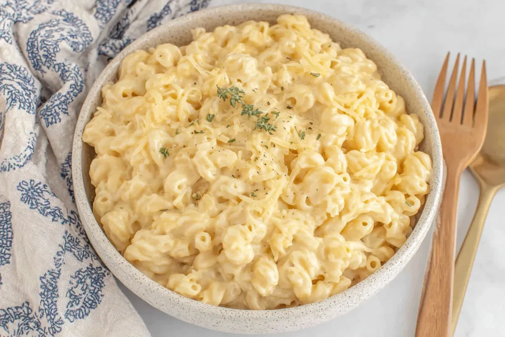 Creamy Greek Yogurt Mac and Cheese in a white bowl topped with shredded cheese and herbs