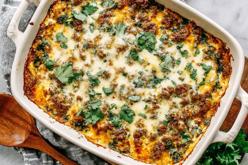 Ground Beef Casserole with Cauliflower Rice topped with parsley and golden melted cheese in a 9x13 baking dish
