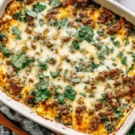 Ground Beef Casserole with Cauliflower Rice topped with parsley and golden melted cheese in a 9x13 baking dish