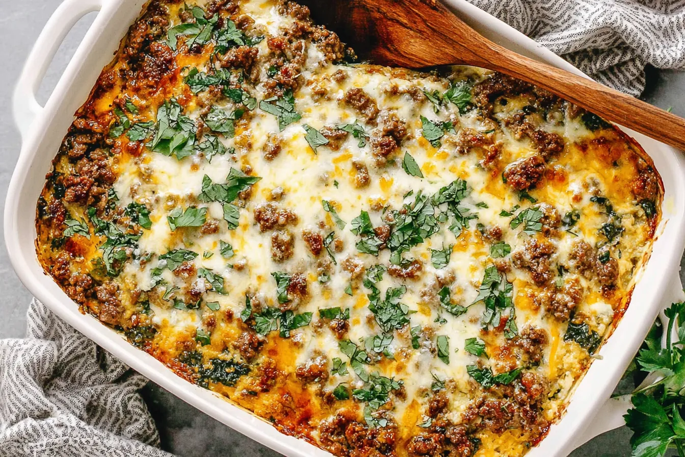 Ground Beef Casserole with Cauliflower Rice baked with melted cheese and fresh parsley in a white casserole dish
