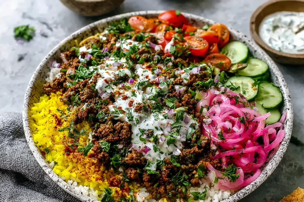 Ground Beef Shawarma Bowls with golden turmeric rice, shawarma-spiced ground beef, cucumbers, cherry tomatoes, pickled red onions, and creamy tahini sauce.