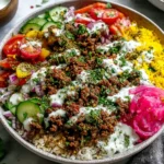 Ground Beef Shawarma Bowls with golden turmeric rice, spiced beef, cucumber-tomato salad, pickled red onions, and creamy tahini drizzle.