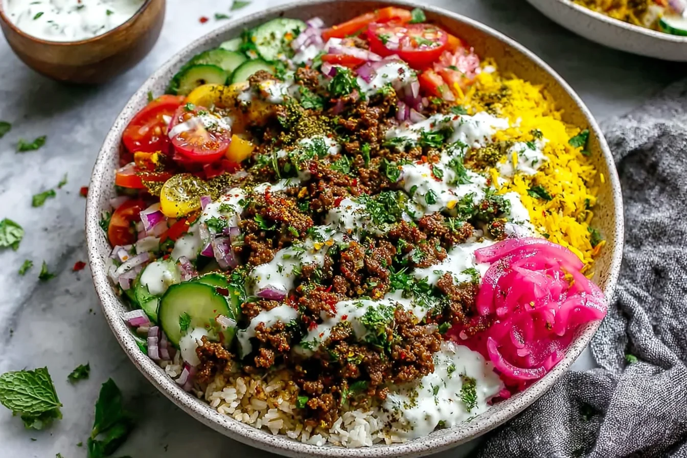 Ground Beef Shawarma Bowls with golden turmeric rice, spiced beef, cucumber-tomato salad, pickled red onions, and creamy tahini drizzle.