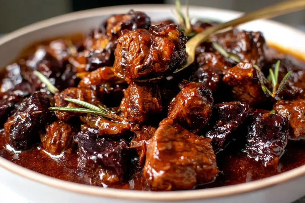 Crockpot Steak Bites with Garlic Rosemary & Honey Balsamic served in a bowl—tender beef bites coated in a thick honey-balsamic garlic sauce with rosemary.