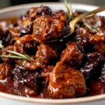 Crockpot Steak Bites with Garlic Rosemary & Honey Balsamic served in a bowl—tender beef bites coated in a thick honey-balsamic garlic sauce with rosemary.