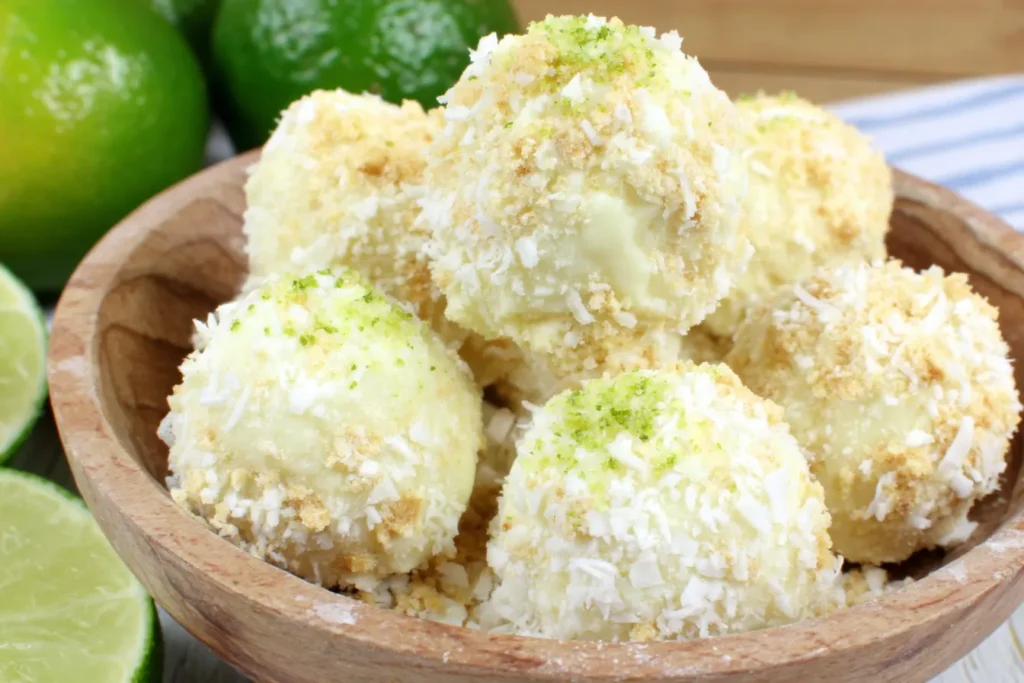 Key Lime Truffles coated in graham cracker crumbs and lime zest in a rustic wooden bowl