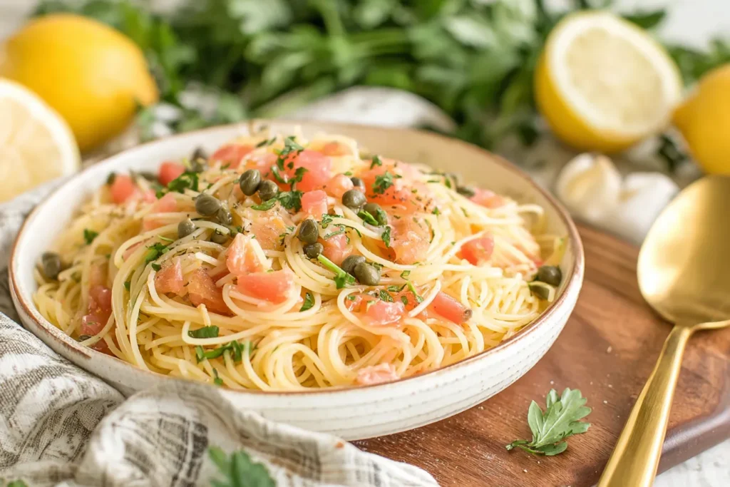 Lemon Capellini Salad served in a shallow bowl with fresh lemons, garlic, and herbs on a wooden board
