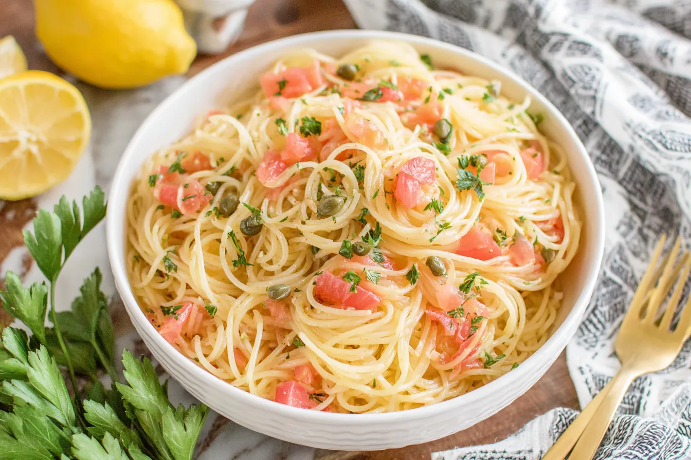 Close-up of Lemon Capellini Salad with angel hair pasta, chopped parsley, tomatoes, and capers