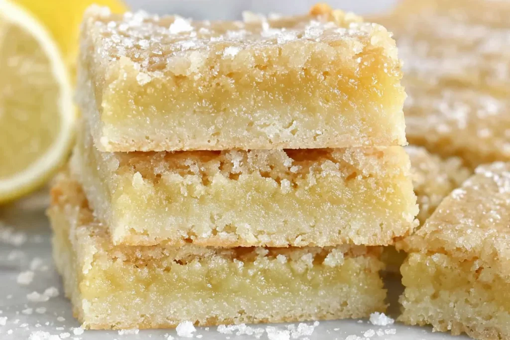 Close-up of Lemon Sugar Cookie Bars stacked with a soft buttery center and sparkling sugar topping