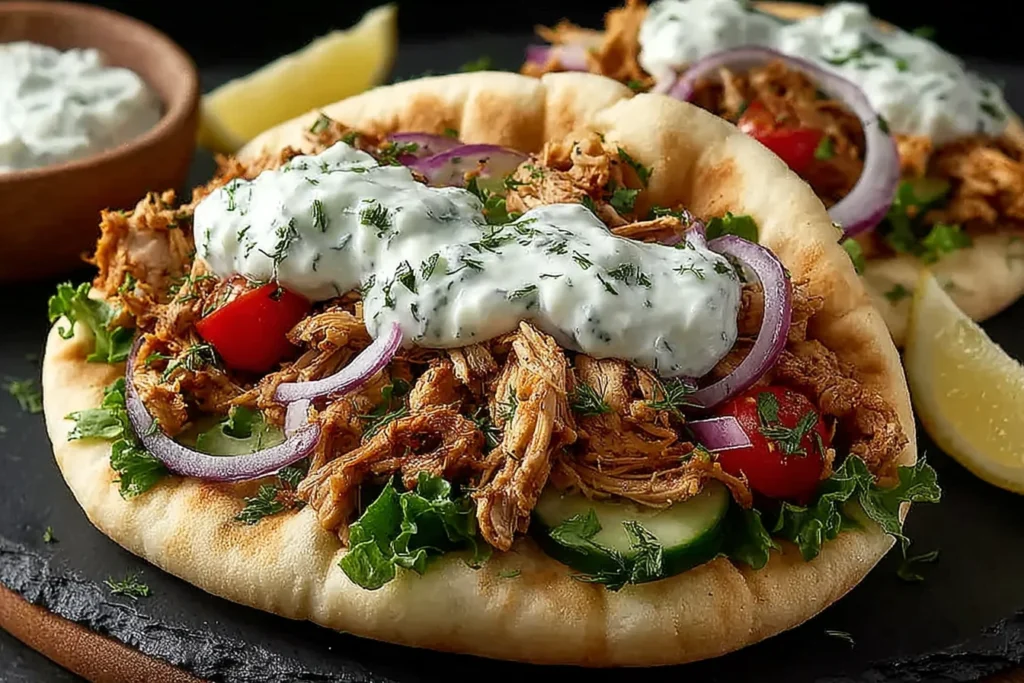 Slow Cooker Chicken Gyros on soft pita topped with shredded chicken, creamy tzatziki, red onion, cucumber, tomatoes, and fresh herbs.