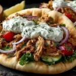 Slow Cooker Chicken Gyros on soft pita topped with shredded chicken, creamy tzatziki, red onion, cucumber, tomatoes, and fresh herbs.