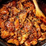 No-Fuss Slow Cooker Honey Garlic Chicken in a crockpot, shredded and coated in sticky honey garlic sauce, topped with sesame seeds.