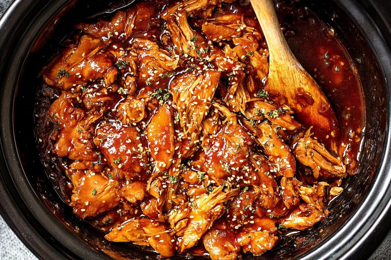 No-Fuss Slow Cooker Honey Garlic Chicken in a crockpot, shredded and coated in sticky honey garlic sauce, topped with sesame seeds.
