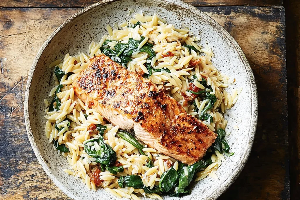 One Skillet Salmon with Lemon Orzo served in a bowl with golden-seared salmon, creamy lemon orzo pasta, and wilted spinach.