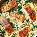 One Skillet Salmon with Lemon Orzo in a pan with creamy lemony orzo, wilted spinach, and golden-seared salmon fillets.