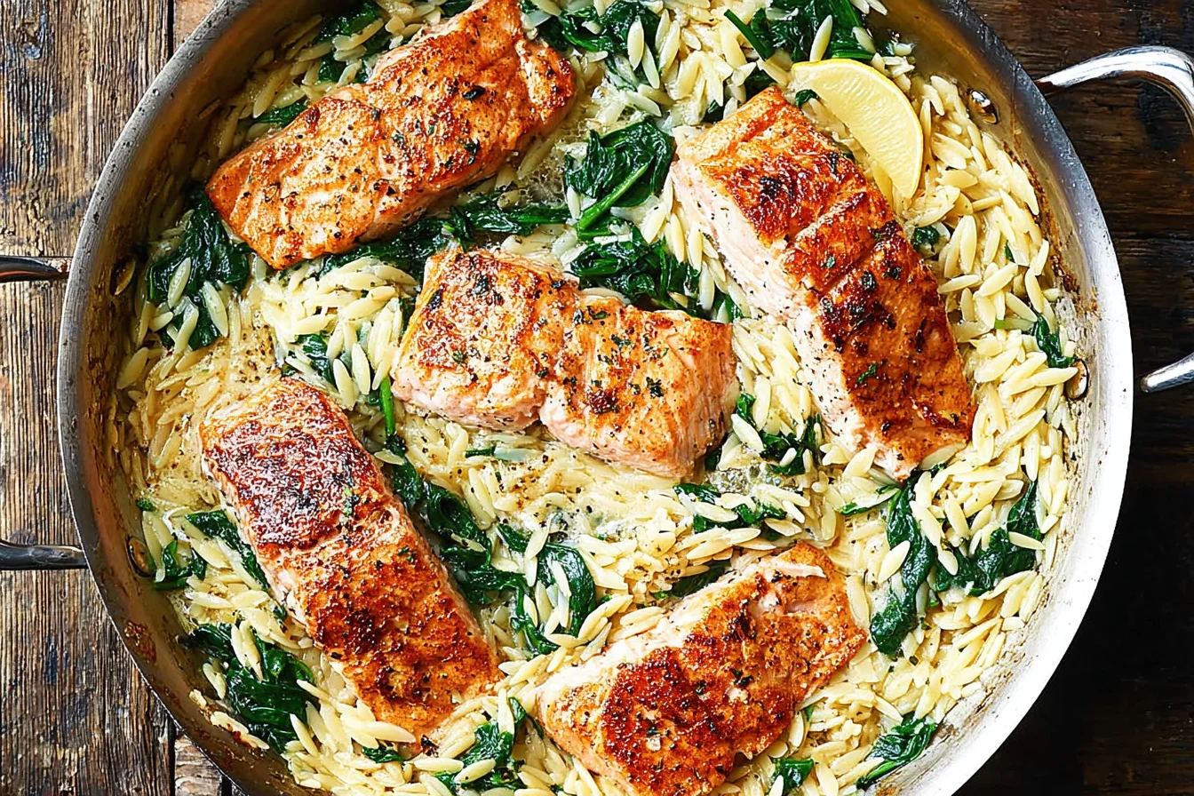 One Skillet Salmon with Lemon Orzo in a pan with creamy lemony orzo, wilted spinach, and golden-seared salmon fillets.