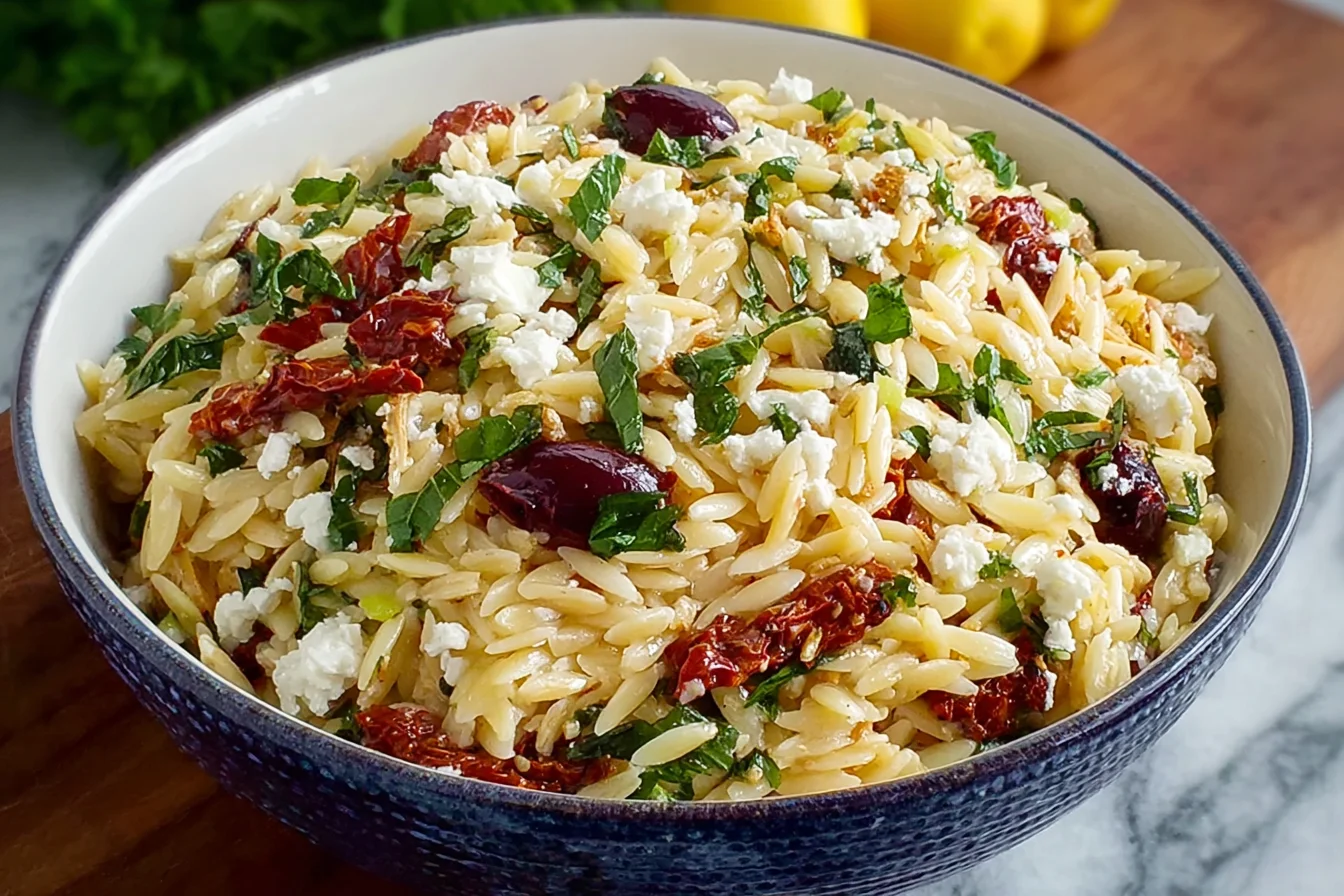 Orzo Pasta Salad with Feta and Sun Dried Tomatoes in a bowl with kalamata olives, fresh herbs, and crumbled feta.