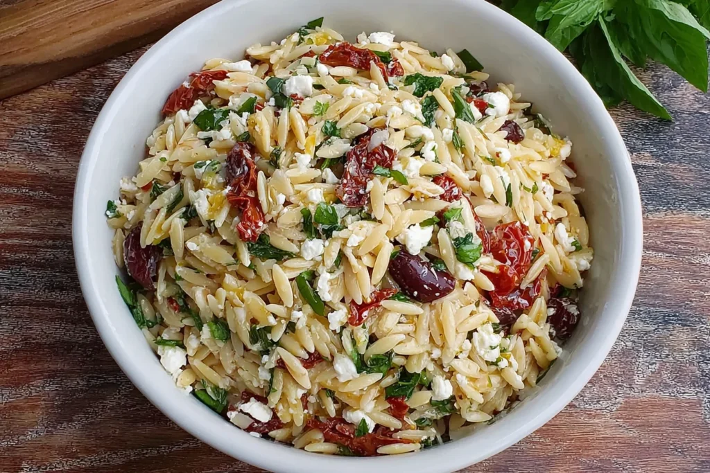 Orzo Pasta Salad with Feta and Sun Dried Tomatoes in a white bowl with kalamata olives, fresh basil, and crumbled feta on a wooden table.