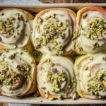 Small Batch Pistachio Cream Cinnamon Rolls in a baking dish, topped with creamy pistachio icing and chopped pistachios.