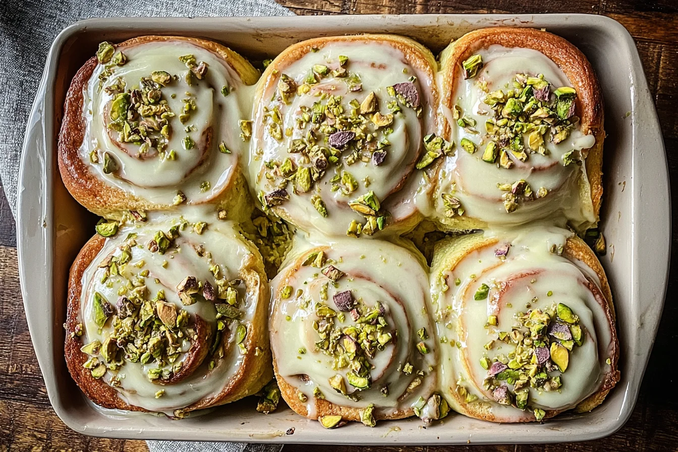 Small Batch Pistachio Cream Cinnamon Rolls in a baking dish, topped with creamy pistachio icing and chopped pistachios.