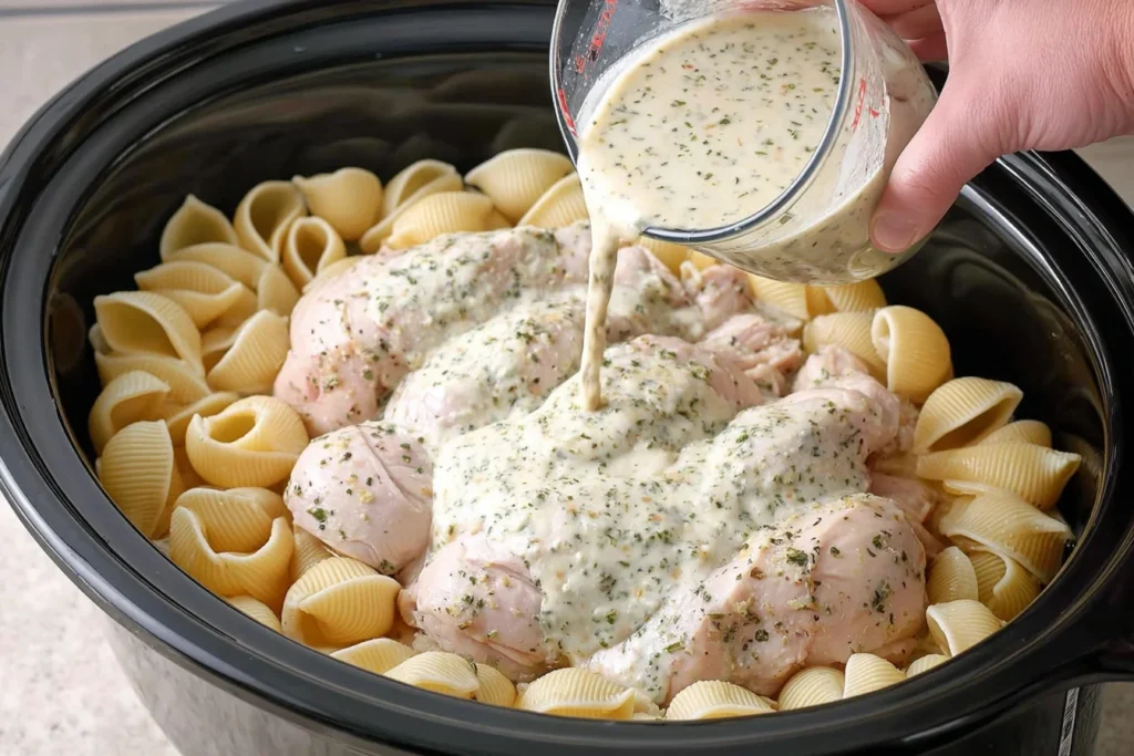 Slow Cooker Creamy Garlic Parmesan Chicken Shells prep—raw chicken breasts and uncooked pasta shells in a crockpot as creamy garlic Parmesan sauce is poured on top.
