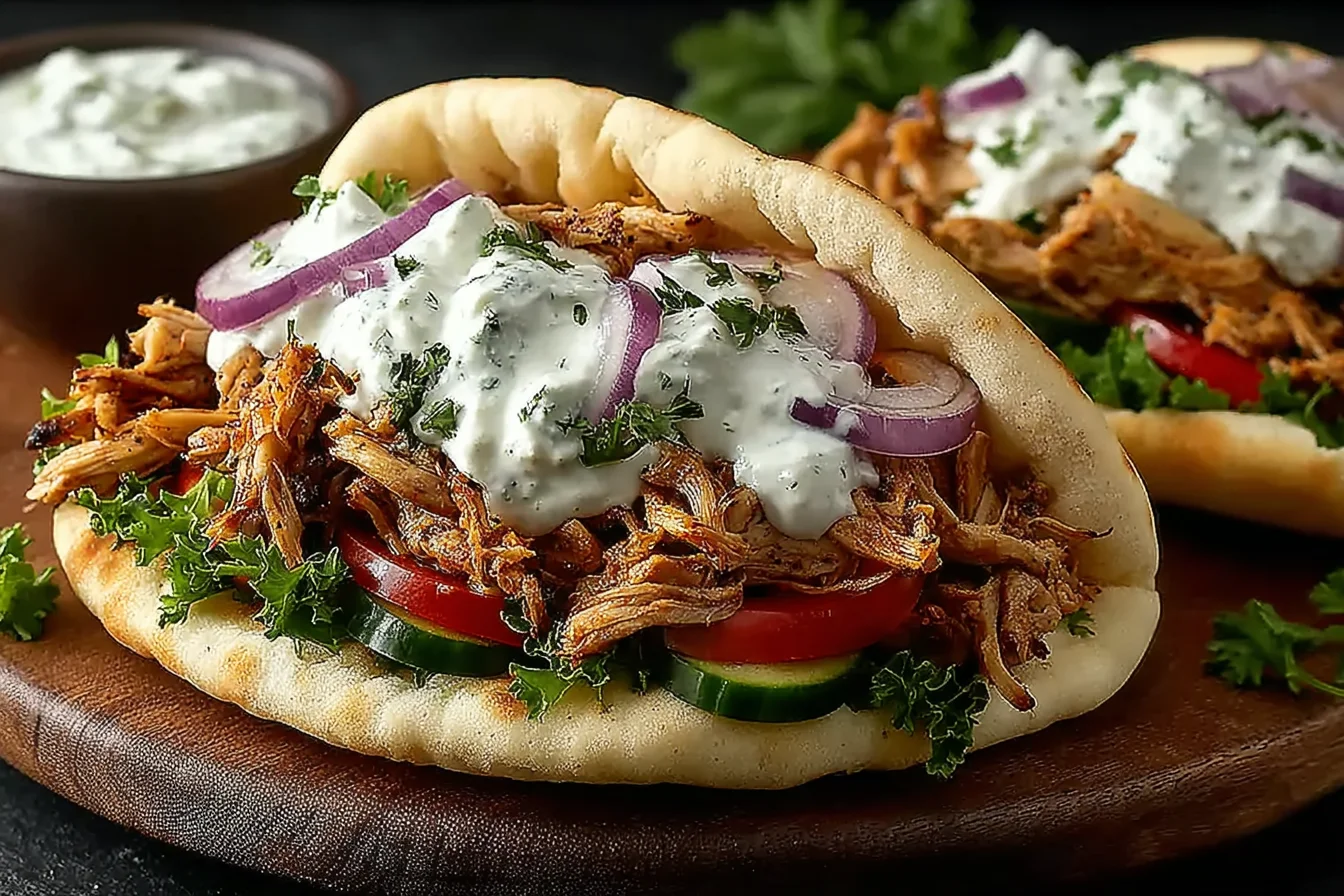Slow Cooker Chicken Gyros in warm pita with shredded chicken, creamy tzatziki, red onion, cucumber, tomatoes, and fresh herbs.