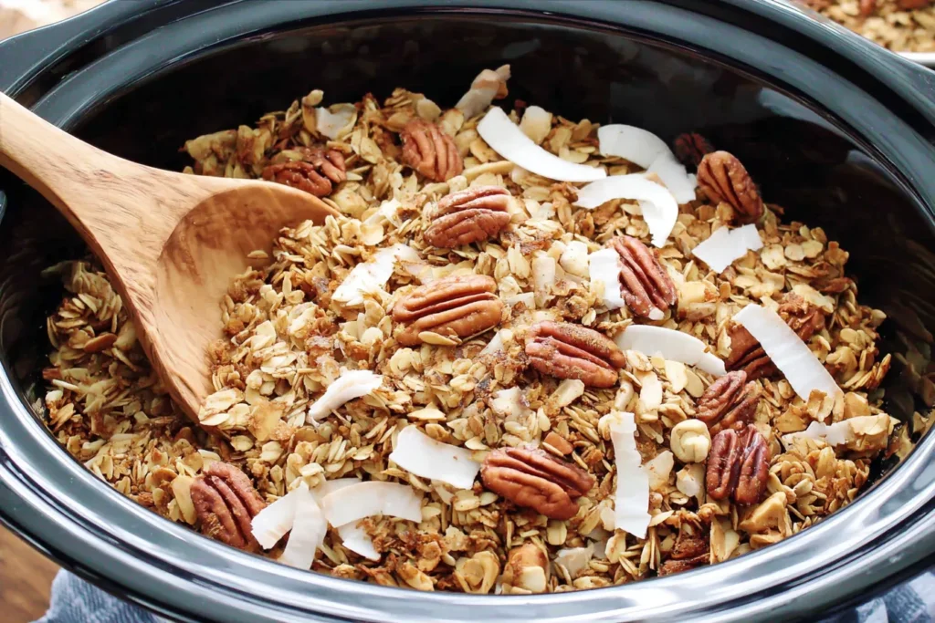Slow Cooker Granola cooking in a crockpot with oats, pecans, coconut flakes, and nuts