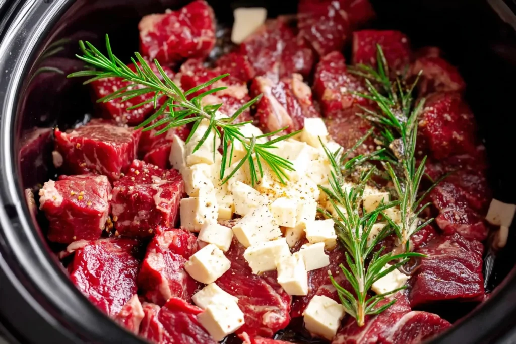 Crockpot Steak Bites with Garlic Rosemary & Honey Balsamic ingredients in the slow cooker—raw steak cubes, butter, cracked pepper, and fresh rosemary.