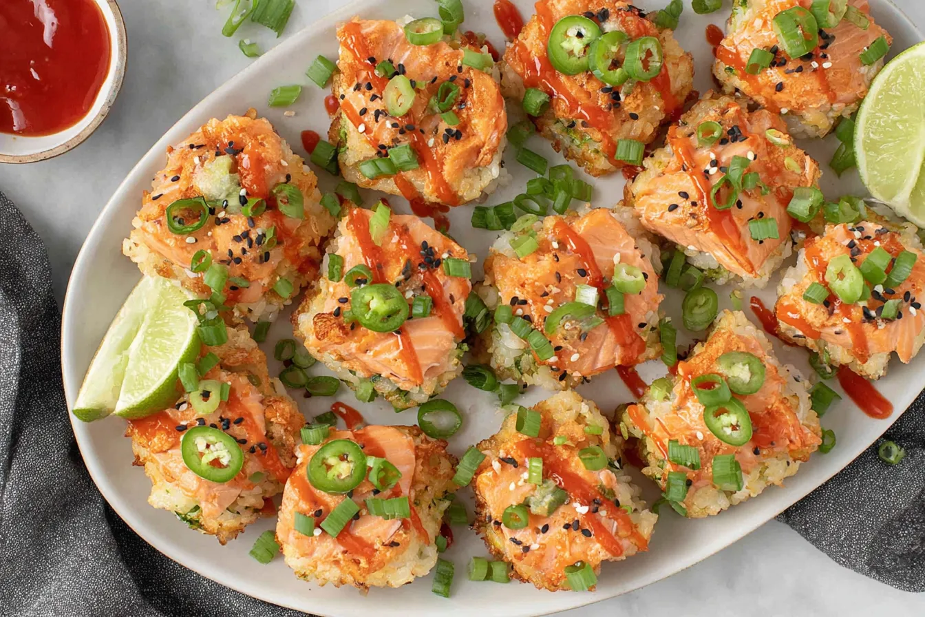 Spicy Salmon Crispy Rice bites with jalapeño slices, sesame seeds and sriracha drizzle served on a white platter