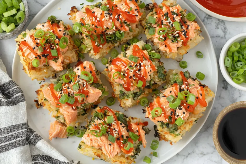 Spicy Salmon Crispy Rice squares topped with sriracha, sesame seeds and green onions on a white plate