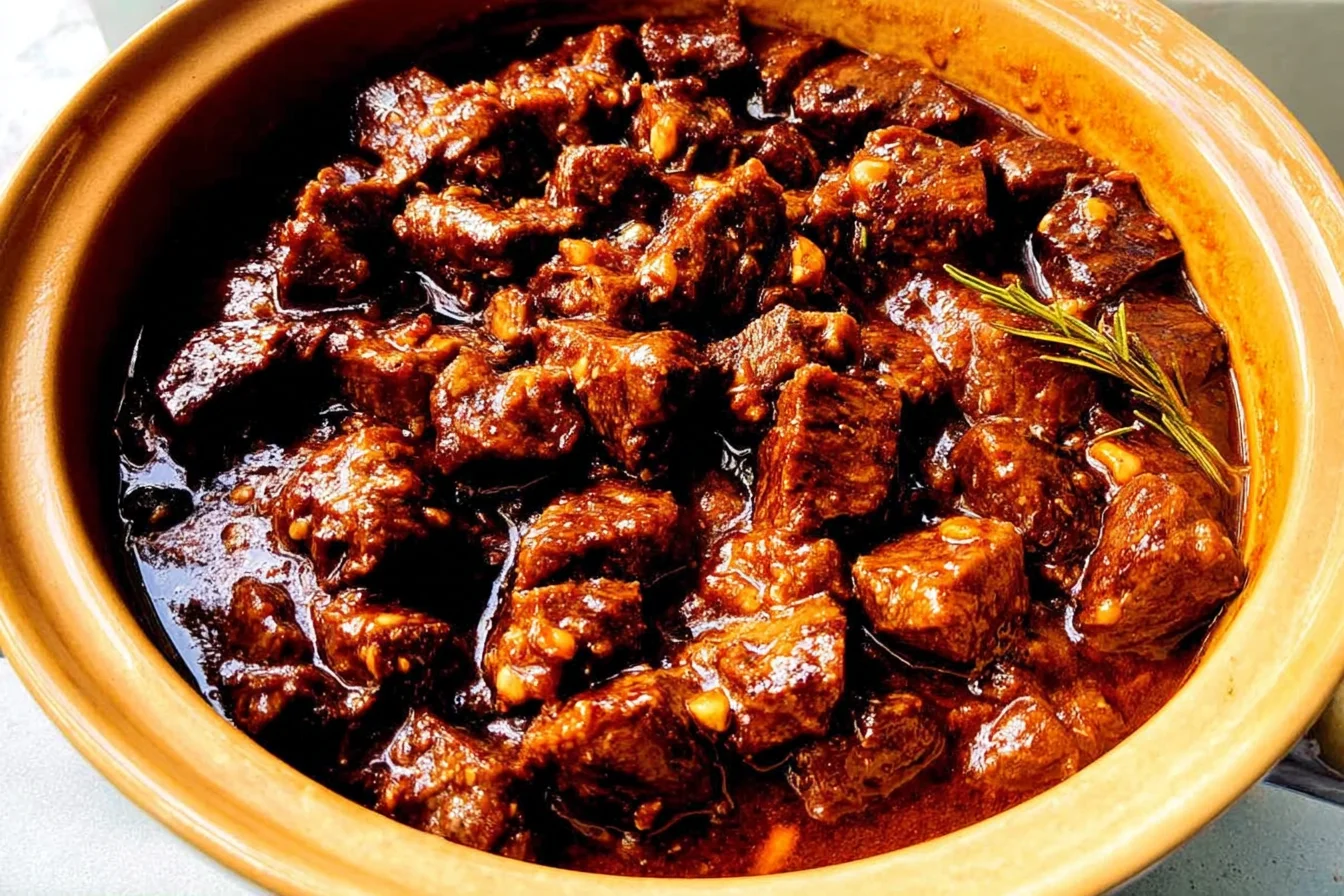 Crockpot Steak Bites with Garlic Rosemary & Honey Balsamic simmered in a glossy sweet-savory sauce with garlic and rosemary in a slow cooker.