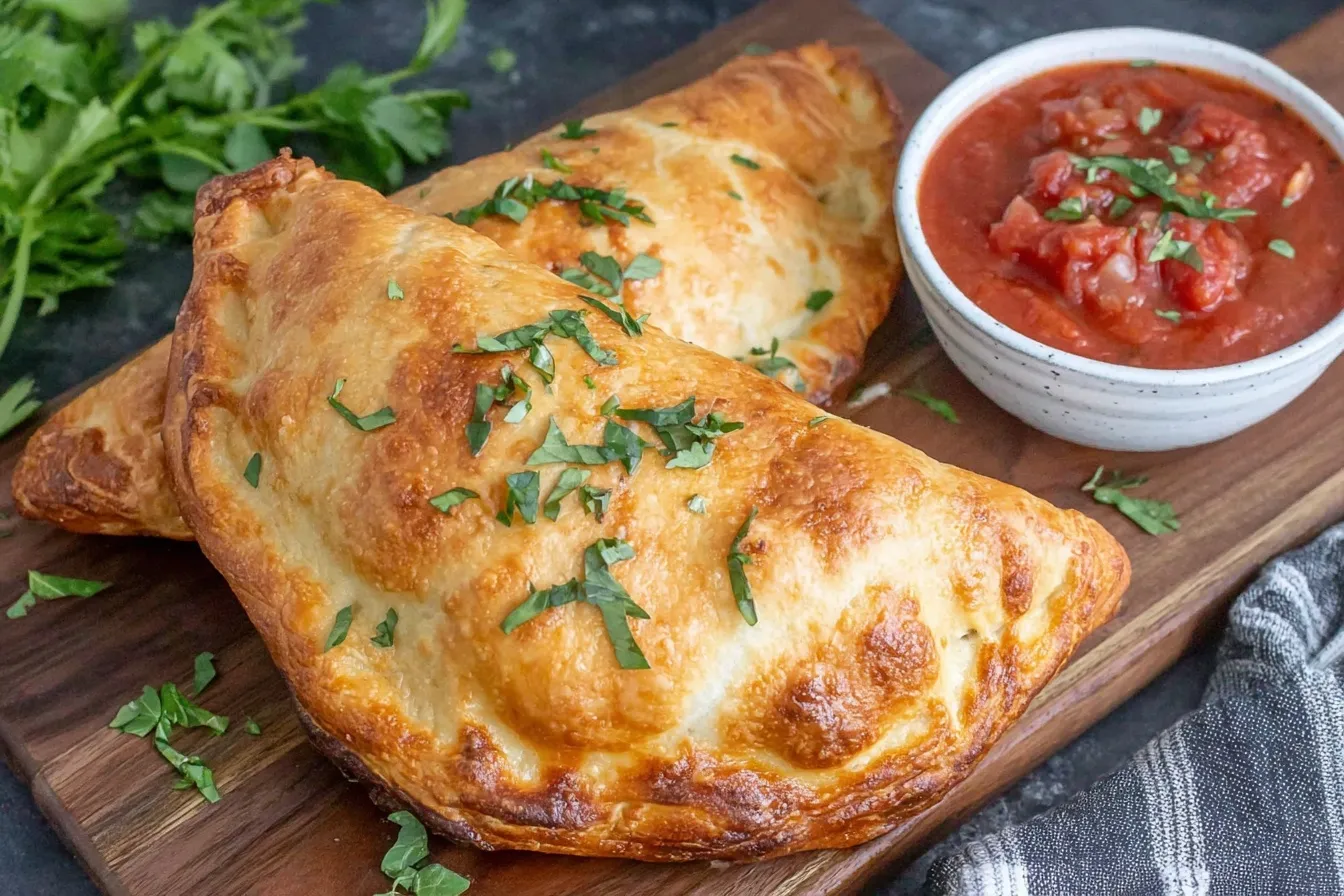 Air Fryer Calzones with crispy golden crust served with marinara sauce on a wooden board