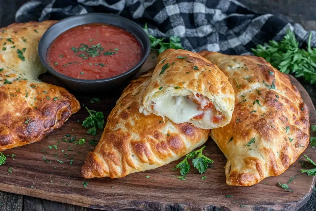 Air Fryer Calzones on a wooden board with marinara dipping sauce, melted cheese, and golden crispy crust