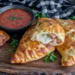 Air Fryer Calzones on a wooden board with marinara dipping sauce, melted cheese, and golden crispy crust
