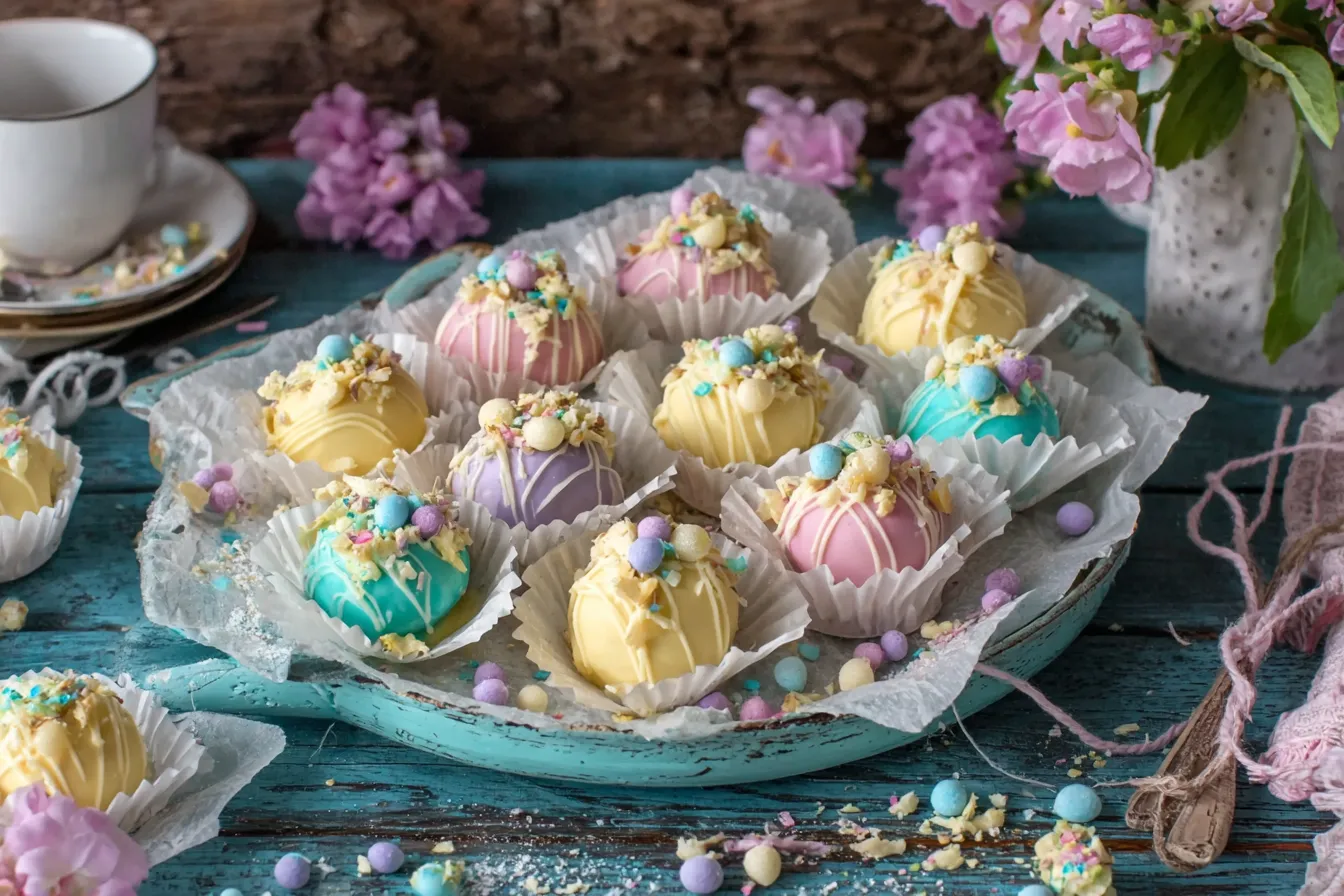 Colorful Banana Pudding Easter Truffles arranged on tray with sprinkles and pastel candy coating