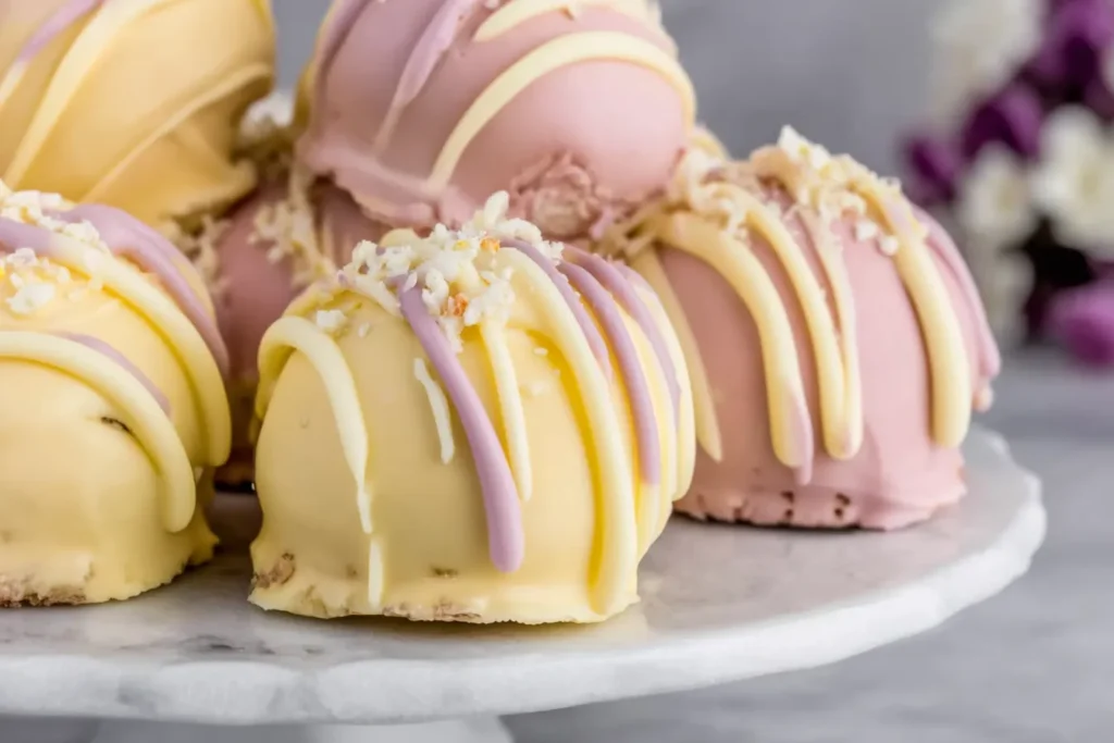 Banana Pudding Easter Truffles coated in pastel chocolate with drizzle and wafer crumbs