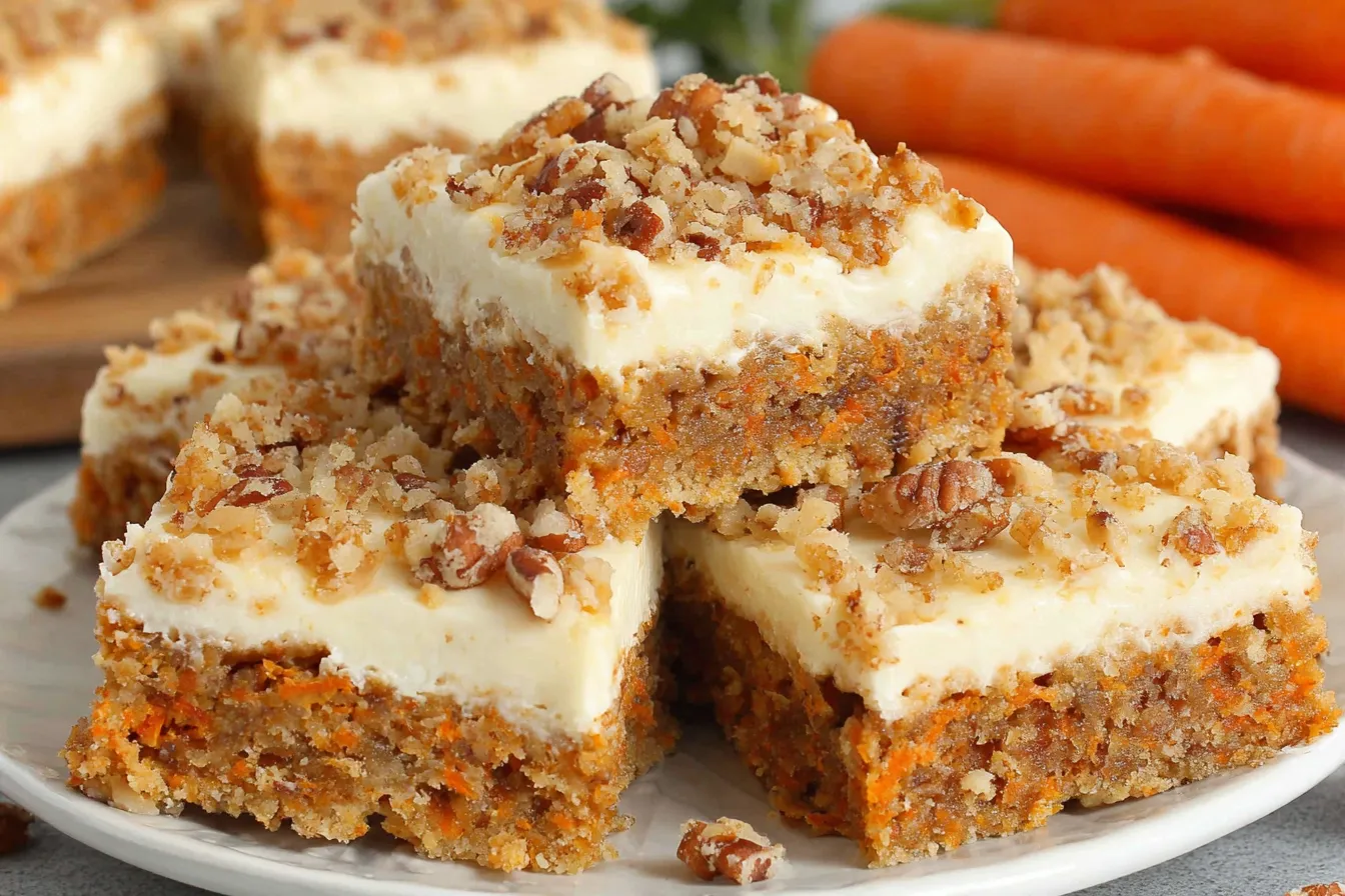 Carrot Cake Bars with cream cheese frosting and pecans served on a white plate