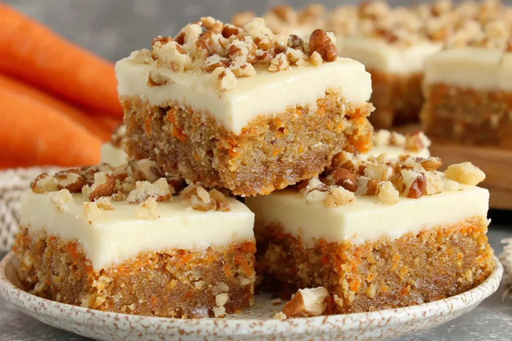 Carrot Cake Bars stacked on a plate with cream cheese frosting and chopped pecans