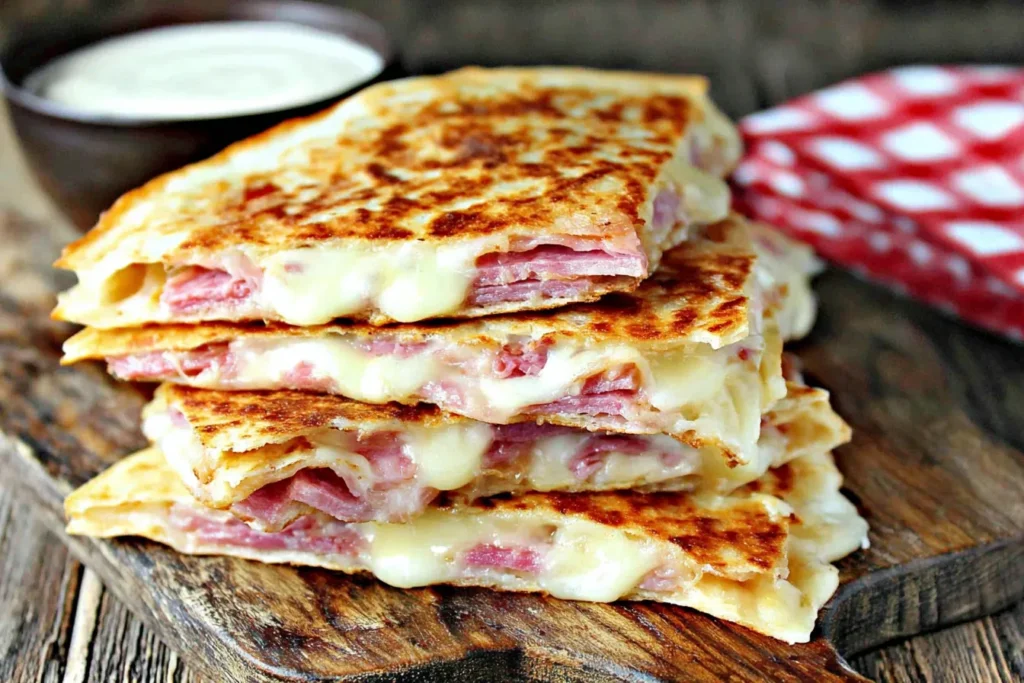 Corned Beef and Swiss Reuben Quesadillas stacked on a wooden board with melted Swiss cheese and a creamy dipping sauce