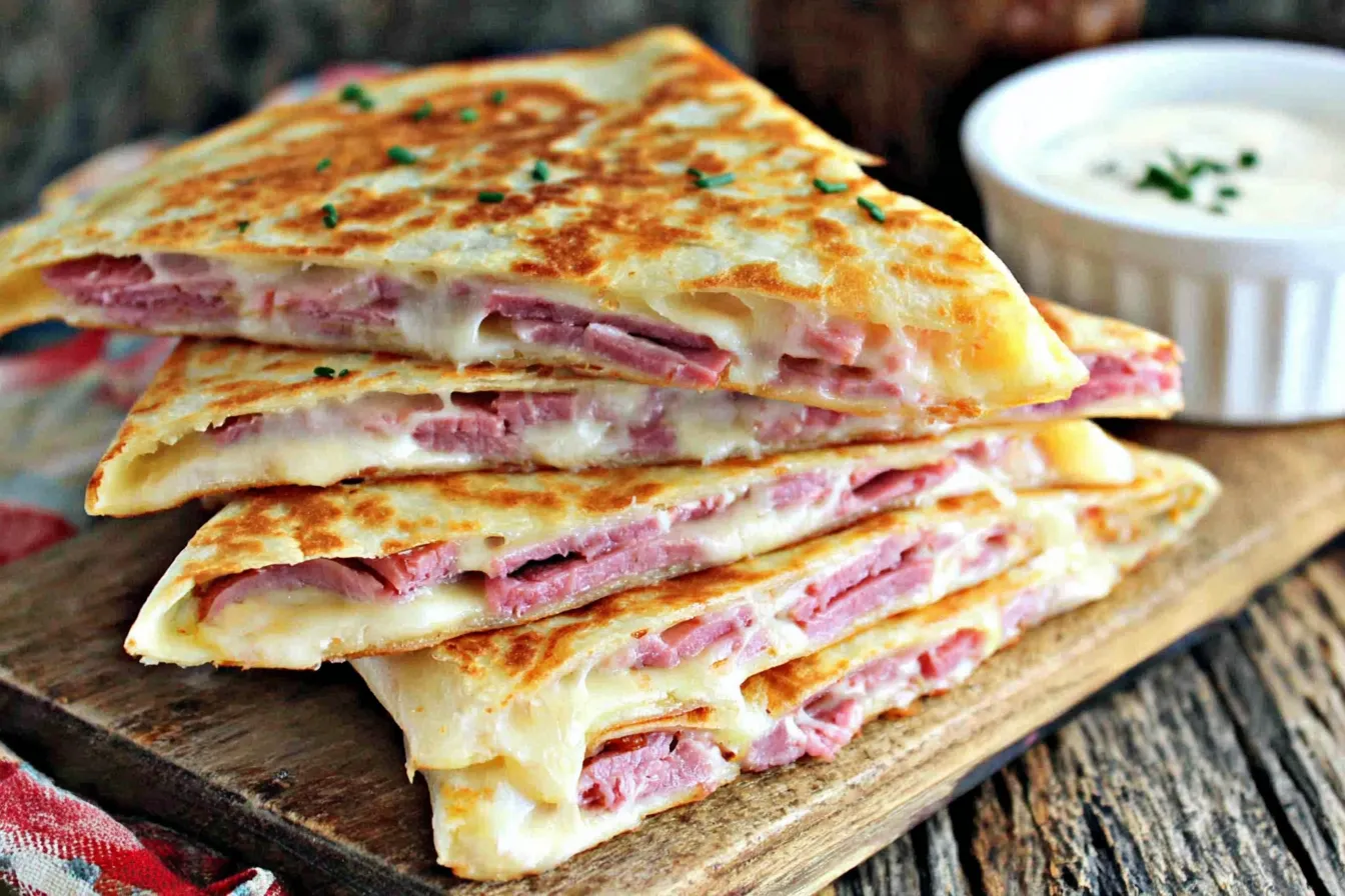 Corned Beef and Swiss Reuben Quesadillas on a wooden board with crispy tortillas, melted cheese, and dipping sauce