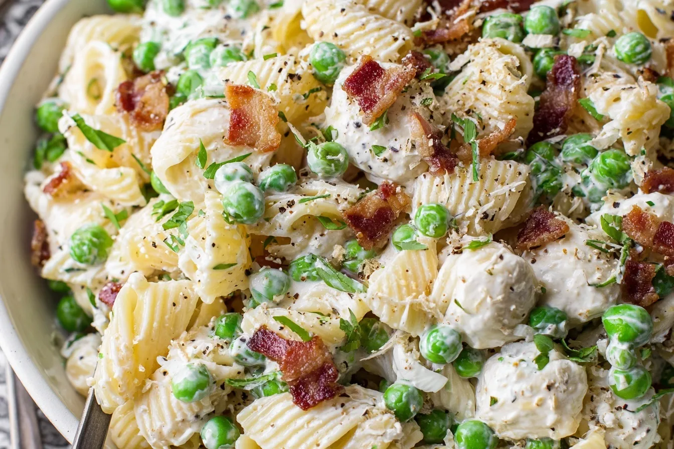 Close-up of Creamy Pasta Salad with rotini, bacon, peas, and creamy dressing