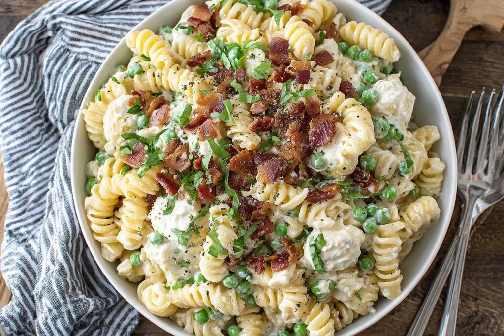 Creamy Pasta Salad with bacon, peas, and parmesan in a large serving bowl