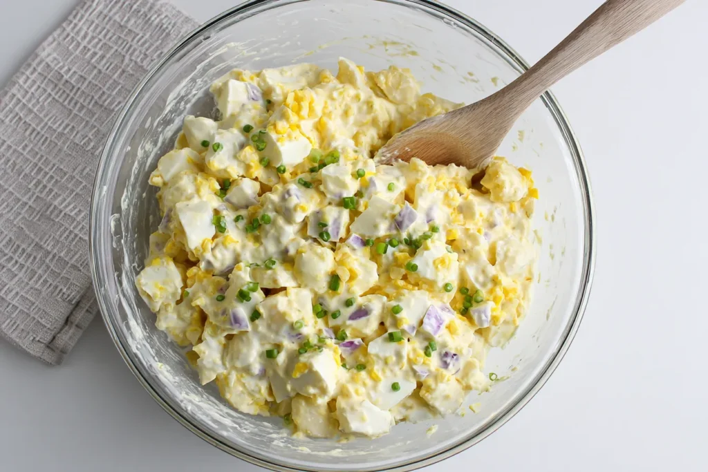 Deviled Egg Pasta Salad mixed in a glass bowl with eggs and red onion